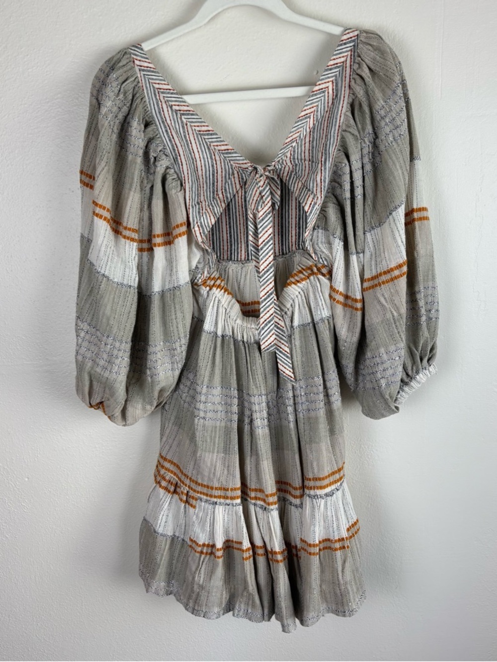 Free People Cozy Striped Peasant Mini Dress Size S Open Back Ivory Combo NWT - Picture 7 of 12
